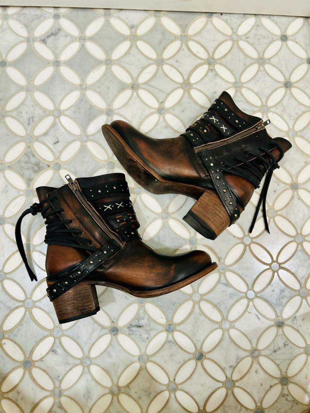 Freebird by Steven Caspian Leather Multi-Strap Studded Moto Boots Brown Black 10 - Picture 3 of 14